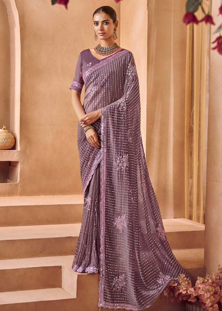 Buy Purple Tissue Silk Heavy Embroidered Designer Saree Online in USA, UK, Canada, France, Germany, Italy, Denmark, UAE, Singapore & Worldwide at Empress.