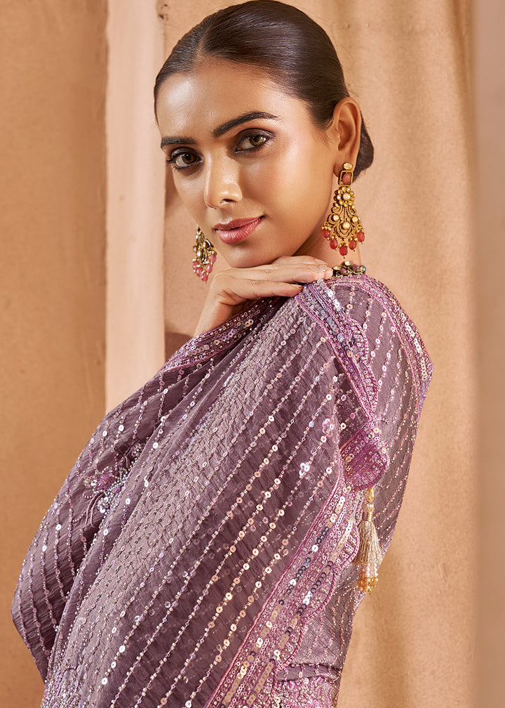 Buy Purple Tissue Silk Heavy Embroidered Designer Saree Online in USA, UK, Canada, France, Germany, Italy, Denmark, UAE, Singapore & Worldwide at Empress.