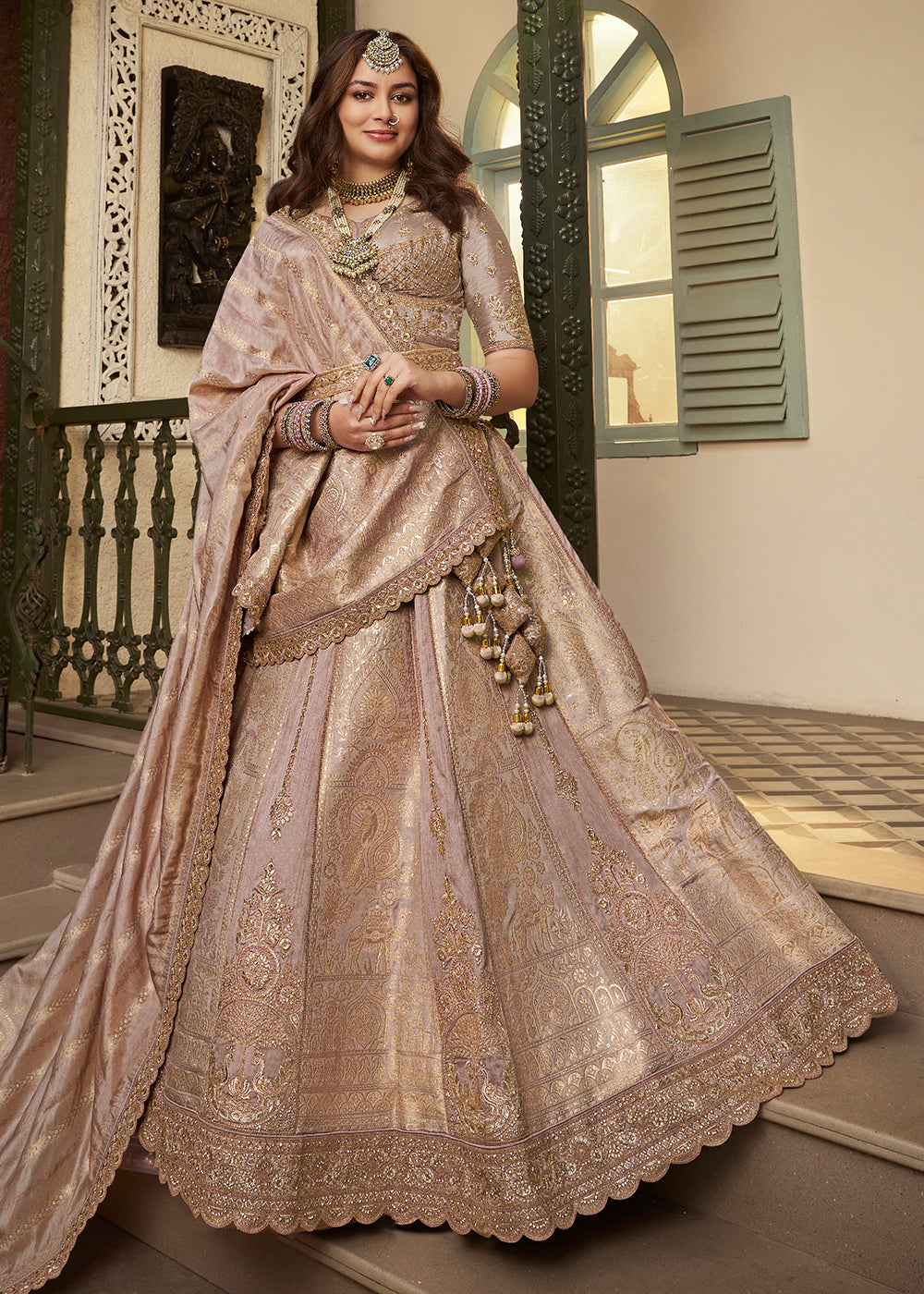 Buy Now Beige Pink Banarasi Premium Silk Designer Lehenga Choli Online in US, UK, France, Swiss, Netherlands, Germany, Italy, Qatar, UAE & Worldwide at Empress.