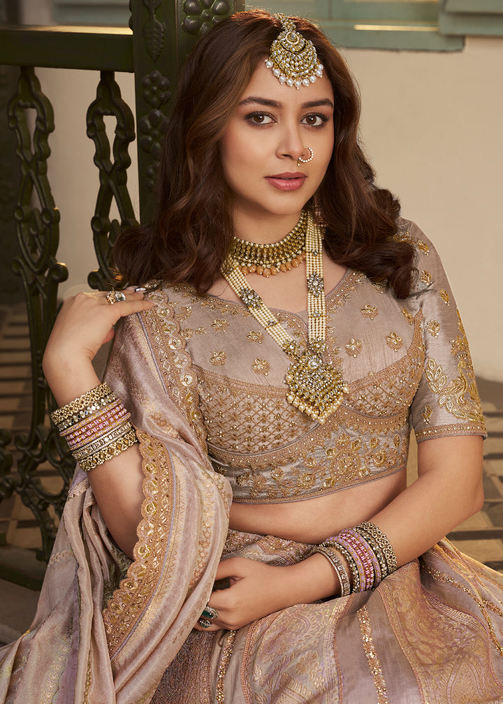 Buy Now Beige Pink Banarasi Premium Silk Designer Lehenga Choli Online in US, UK, France, Swiss, Netherlands, Germany, Italy, Canada & Worldwide at Empress.