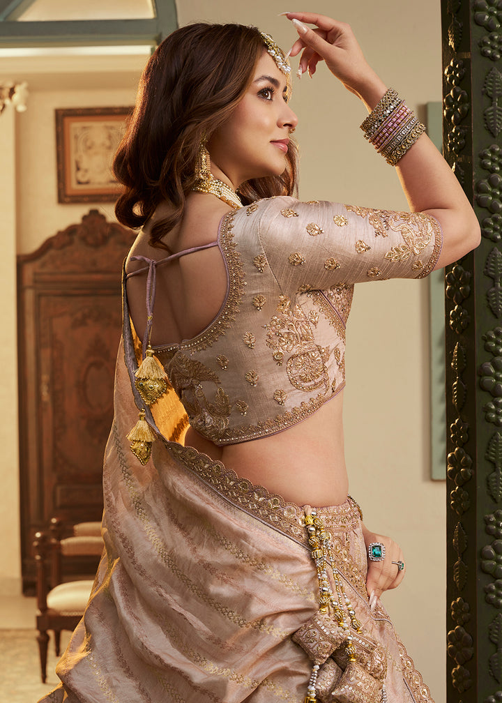 Buy Now Beige Pink Banarasi Premium Silk Designer Lehenga Choli Online in US, UK, France, Swiss, Netherlands, Germany, Italy, Canada & Worldwide at Empress.