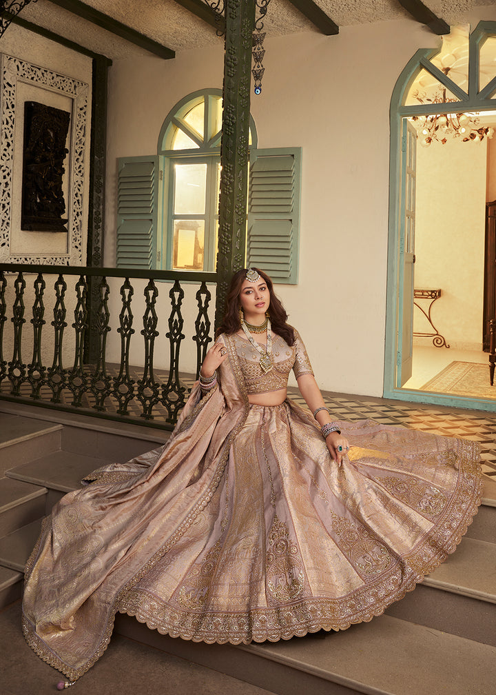 Buy Now Beige Pink Banarasi Premium Silk Designer Lehenga Choli Online in US, UK, France, Swiss, Netherlands, Germany, Italy, Canada & Worldwide at Empress.