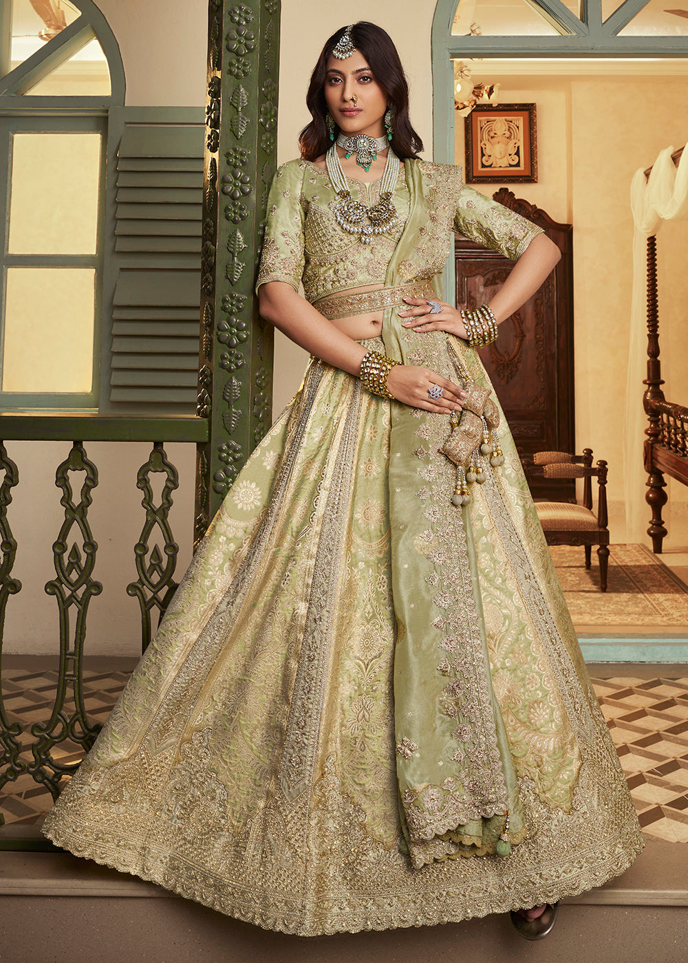 Buy Now Green Banarasi Premium Silk Designer Lehenga Choli Online in US, UK, France, Swiss, Netherlands, Germany, Italy, Qatar, Canada & Worldwide at Empress.