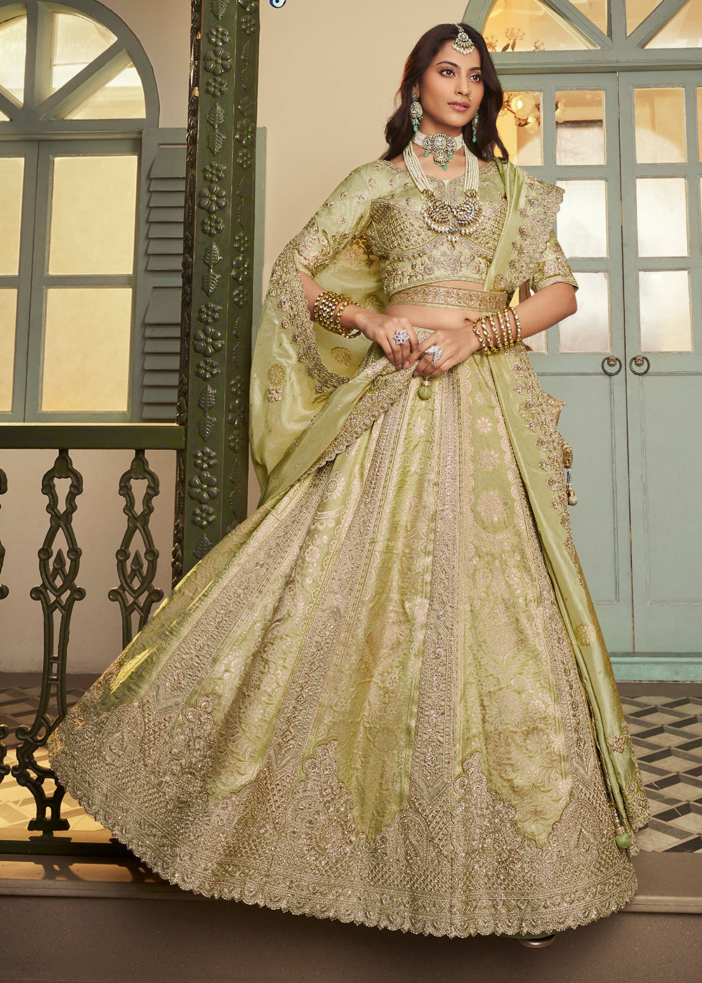 Buy Now Green Banarasi Premium Silk Designer Lehenga Choli Online in US, UK, France, Swiss, Netherlands, Germany, Italy, Qatar, Canada & Worldwide at Empress.
