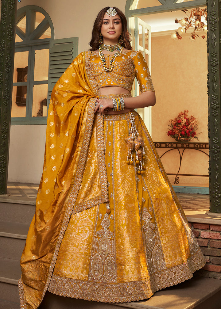 Buy Now Mustard Banarasi Premium Silk Designer Lehenga Choli Online in US, UK, France, Swiss, Netherlands, Germany, Italy, Qatar, Canada & Worldwide at Empress.