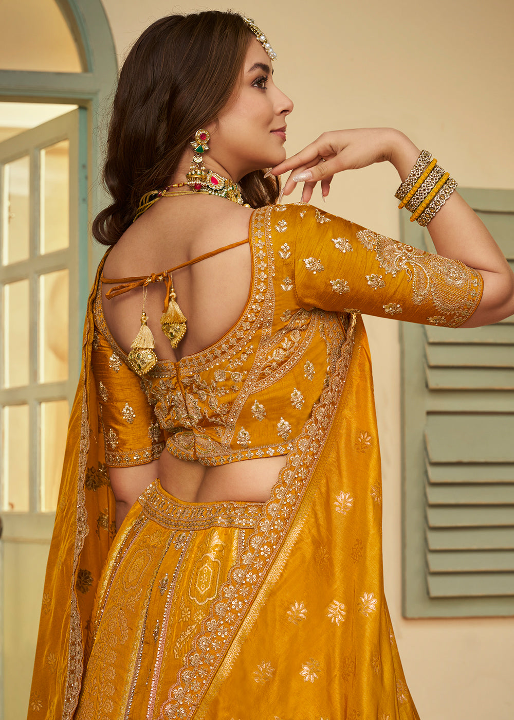 Buy Now Mustard Banarasi Premium Silk Designer Lehenga Choli Online in US, UK, France, Swiss, Netherlands, Germany, Italy, Qatar, Canada & Worldwide at Empress.