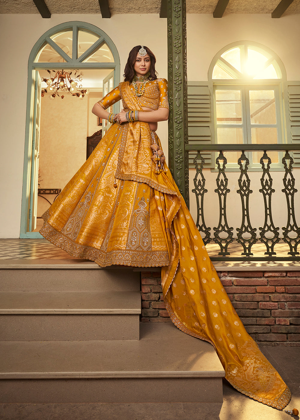 Buy Now Mustard Banarasi Premium Silk Designer Lehenga Choli Online in US, UK, France, Swiss, Netherlands, Germany, Italy, Qatar, Canada & Worldwide at Empress.