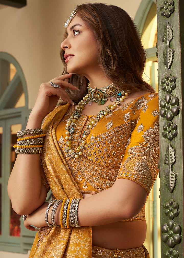 Buy Now Mustard Banarasi Premium Silk Designer Lehenga Choli Online in US, UK, France, Swiss, Netherlands, Germany, Italy, Qatar, Canada & Worldwide at Empress.