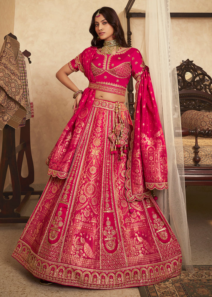 Buy Now Pink Banarasi Premium Silk Designer Lehenga Choli Online in US, UK, France, Swiss, Netherlands, Germany, Italy, Qatar, Canada & Worldwide at Empress.
