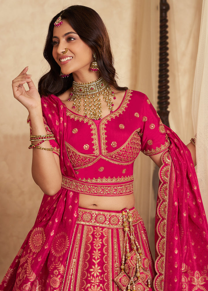 Buy Now Pink Banarasi Premium Silk Designer Lehenga Choli Online in US, UK, France, Swiss, Netherlands, Germany, Italy, Qatar, Canada & Worldwide at Empress.