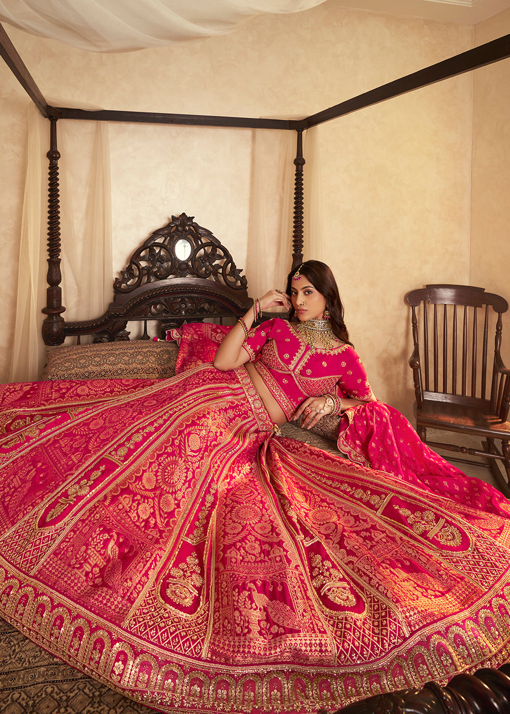Buy Now Pink Banarasi Premium Silk Designer Lehenga Choli Online in US, UK, France, Swiss, Netherlands, Germany, Italy, Qatar, Canada & Worldwide at Empress.