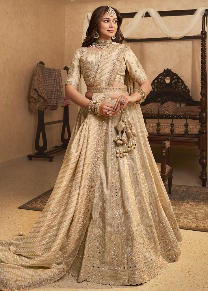 Buy Now Beige Banarasi Premium Silk Designer Lehenga Choli Online in US, UK, France, Swiss, Netherlands, Germany, Italy, Qatar, Canada & Worldwide at Empress.