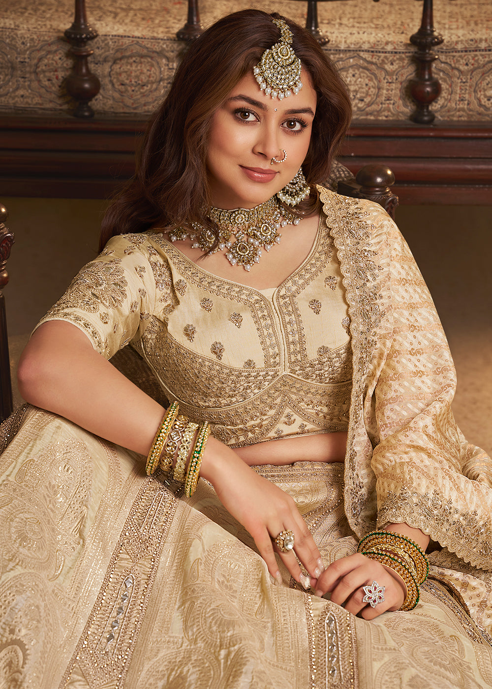 Buy Now Beige Banarasi Premium Silk Designer Lehenga Choli Online in US, UK, France, Swiss, Netherlands, Germany, Italy, Qatar, Canada & Worldwide at Empress.