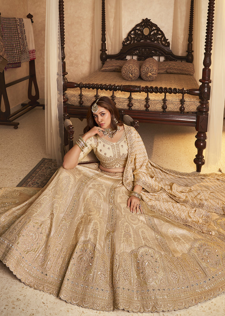 Buy Now Beige Banarasi Premium Silk Designer Lehenga Choli Online in US, UK, France, Swiss, Netherlands, Germany, Italy, Qatar, Canada & Worldwide at Empress.