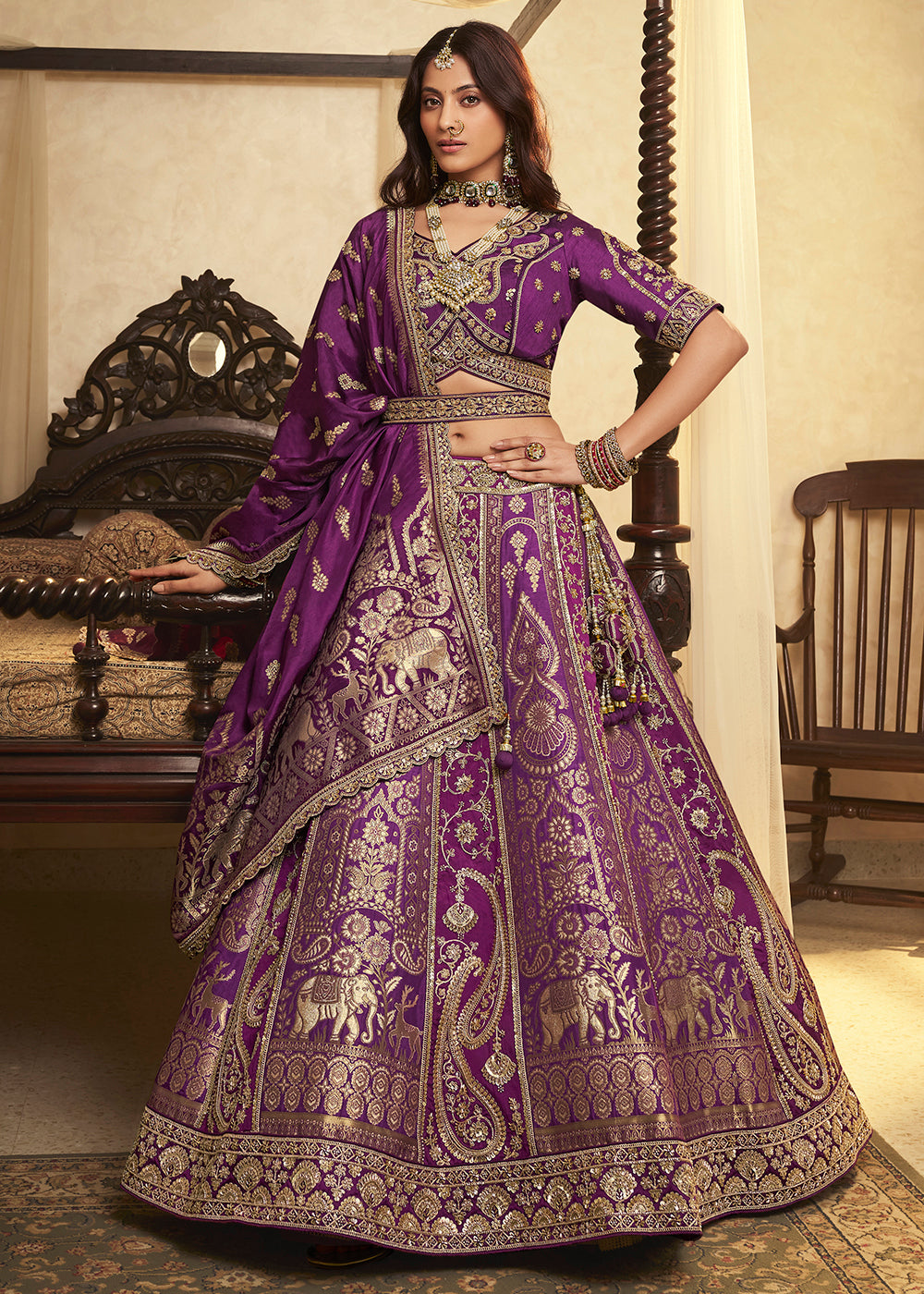 Buy Now Purple Banarasi Premium Silk Designer Lehenga Choli Online in US, UK, France, Swiss, Netherlands, Germany, Italy, Qatar, Canada & Worldwide at Empress.