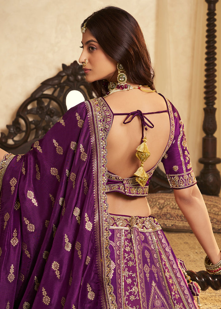 Buy Now Purple Banarasi Premium Silk Designer Lehenga Choli Online in US, UK, France, Swiss, Netherlands, Germany, Italy, Qatar, Canada & Worldwide at Empress.