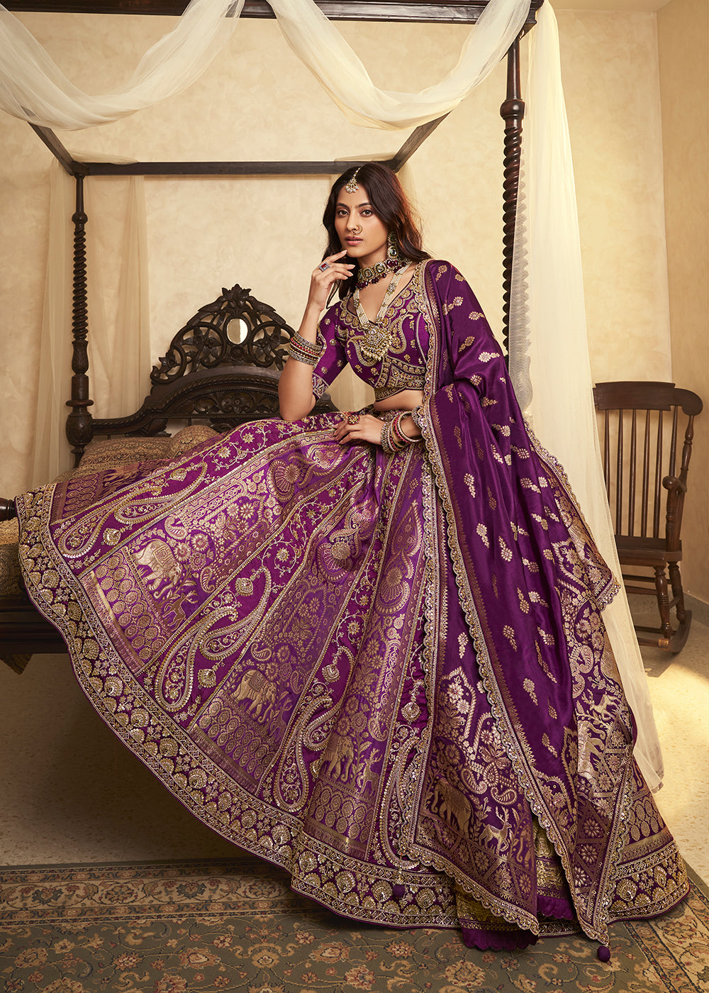 Buy Now Purple Banarasi Premium Silk Designer Lehenga Choli Online in US, UK, France, Swiss, Netherlands, Germany, Italy, Qatar, Canada & Worldwide at Empress.