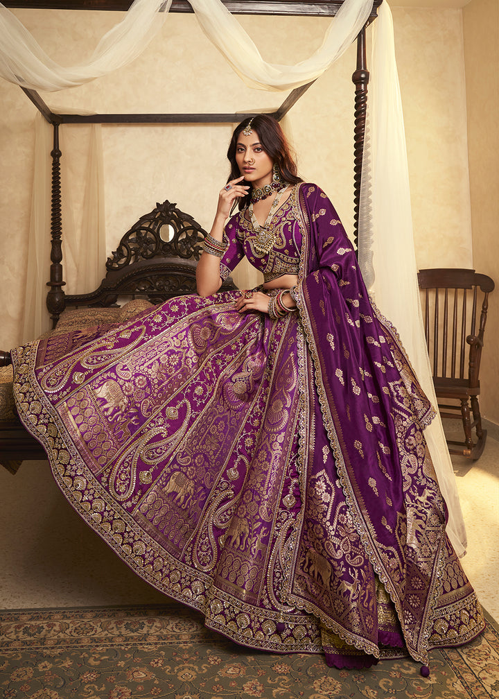 Buy Now Purple Banarasi Premium Silk Designer Lehenga Choli Online in US, UK, France, Swiss, Netherlands, Germany, Italy, Qatar, Canada & Worldwide at Empress.