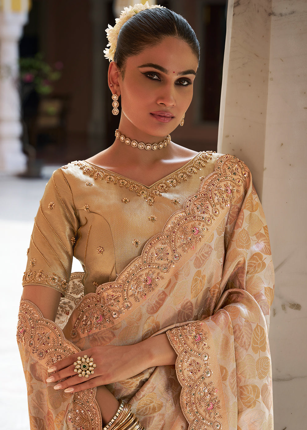 Buy Now Premium Gold Kanjivaram Soft Silk Wedding Wear Saree Online in US, UK, Canada, France, Germany, Denmark, Sweden, Austria, UAE &amp; Worldwide at Empress.