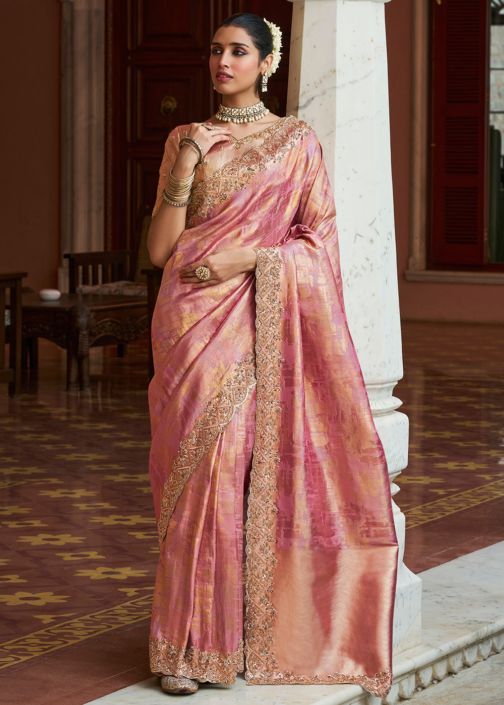 Buy Now Premium Pink Kanjivaram Soft Silk Wedding Wear Saree Online in US, UK, Canada, France, Germany, Denmark, Sweden, Austria, UAE & Worldwide at Empress.
