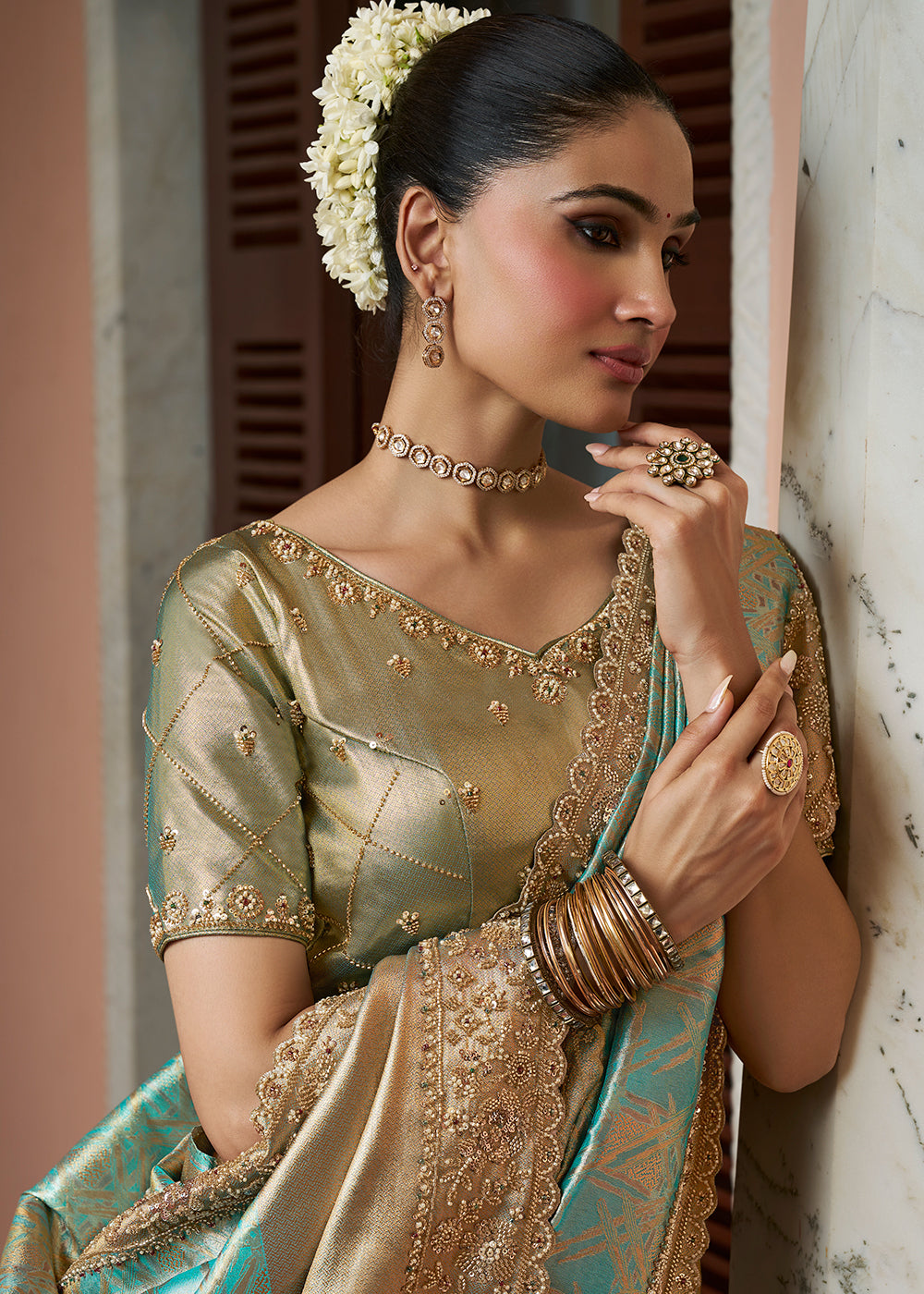 Buy Now Premium Green Kanjivaram Soft Silk Wedding Wear Saree Online in US, UK, Canada, France, Germany, Denmark, Sweden, Austria, UAE & Worldwide at Empress.