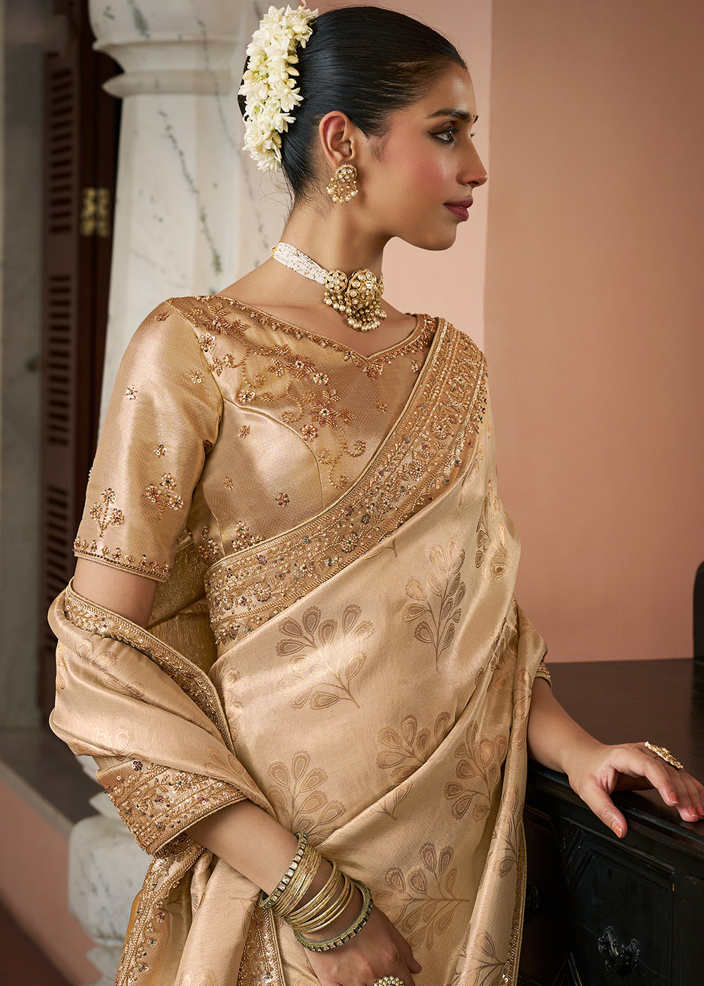 Buy Now Premium Golden Kanjivaram Soft Silk Wedding Wear Saree Online in US, UK, Canada, France, Germany, Denmark, Sweden, Austria, UAE & Worldwide at Empress.