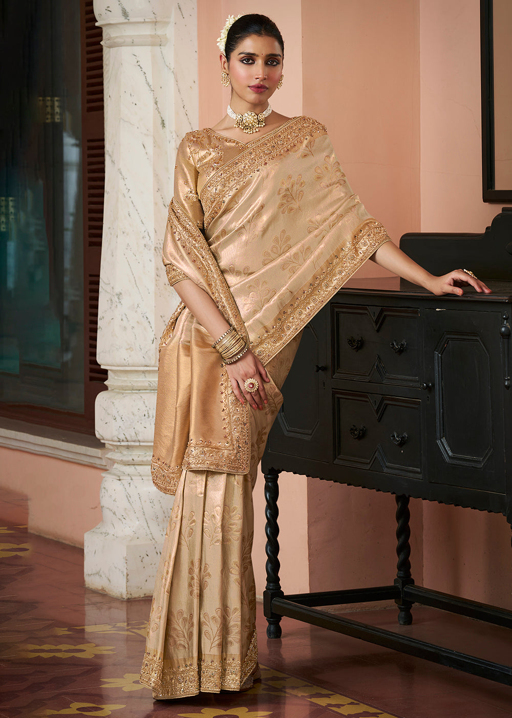 Buy Now Premium Golden Kanjivaram Soft Silk Wedding Wear Saree Online in US, UK, Canada, France, Germany, Denmark, Sweden, Austria, UAE &amp; Worldwide at Empress.