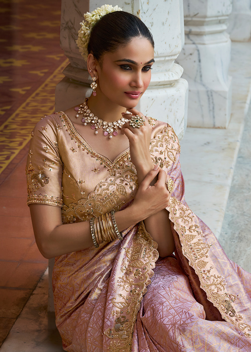 Buy Now Ornate Pink Kanjivaram Soft Silk Wedding Wear Saree Online in US, UK, Canada, France, Germany, Denmark, Sweden, Austria, UAE &amp; Worldwide at Empress.
