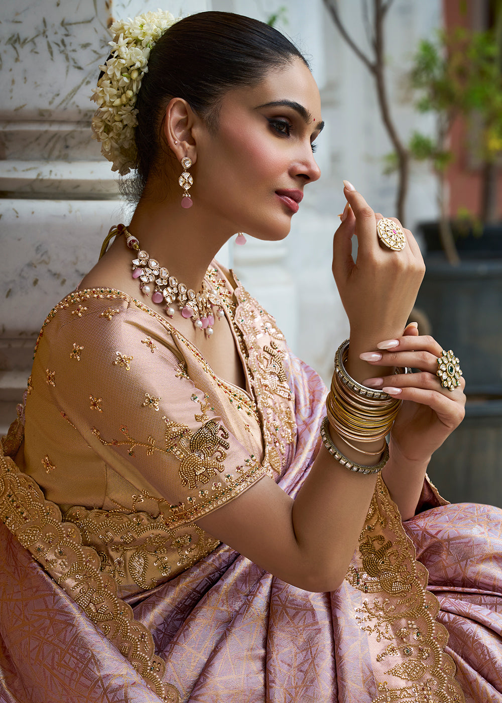 Buy Now Ornate Pink Kanjivaram Soft Silk Wedding Wear Saree Online in US, UK, Canada, France, Germany, Denmark, Sweden, Austria, UAE &amp; Worldwide at Empress.