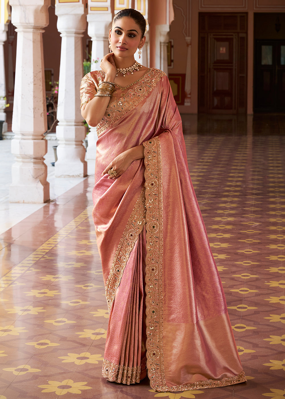 Buy Now Premium Peach Kanjivaram Soft Silk Wedding Wear Saree Online in US, UK, Canada, France, Germany, Denmark, Sweden, Austria, UAE & Worldwide at Empress.
