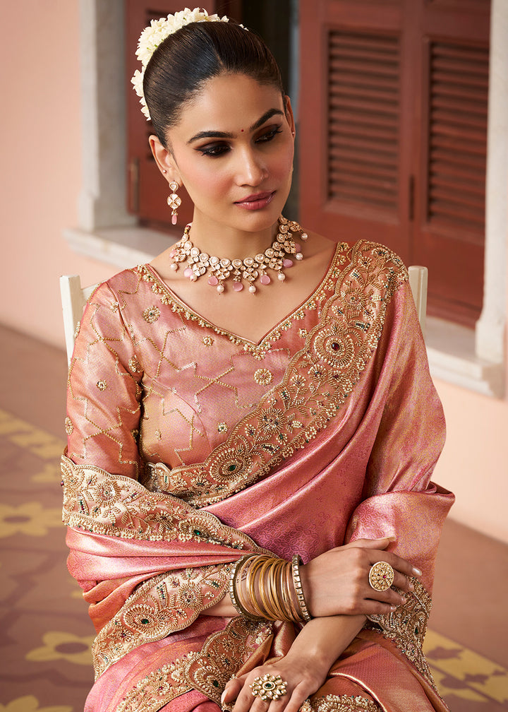 Buy Now Premium Peach Kanjivaram Soft Silk Wedding Wear Saree Online in US, UK, Canada, France, Germany, Denmark, Sweden, Austria, UAE &amp; Worldwide at Empress.