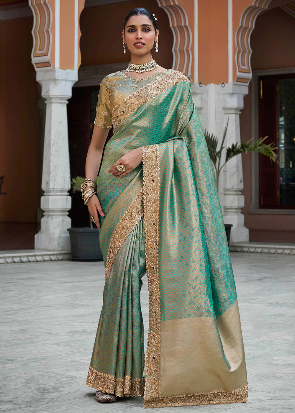 Buy Now Premium Teal Kanjivaram Soft Silk Wedding Wear Saree Online in US, UK, Canada, France, Germany, Denmark, Sweden, Austria, UAE & Worldwide at Empress.