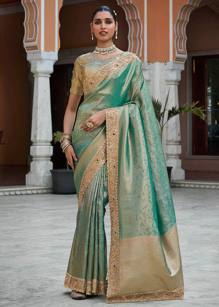Buy Now Premium Teal Kanjivaram Soft Silk Wedding Wear Saree Online in US, UK, Canada, France, Germany, Denmark, Sweden, Austria, UAE &amp; Worldwide at Empress.