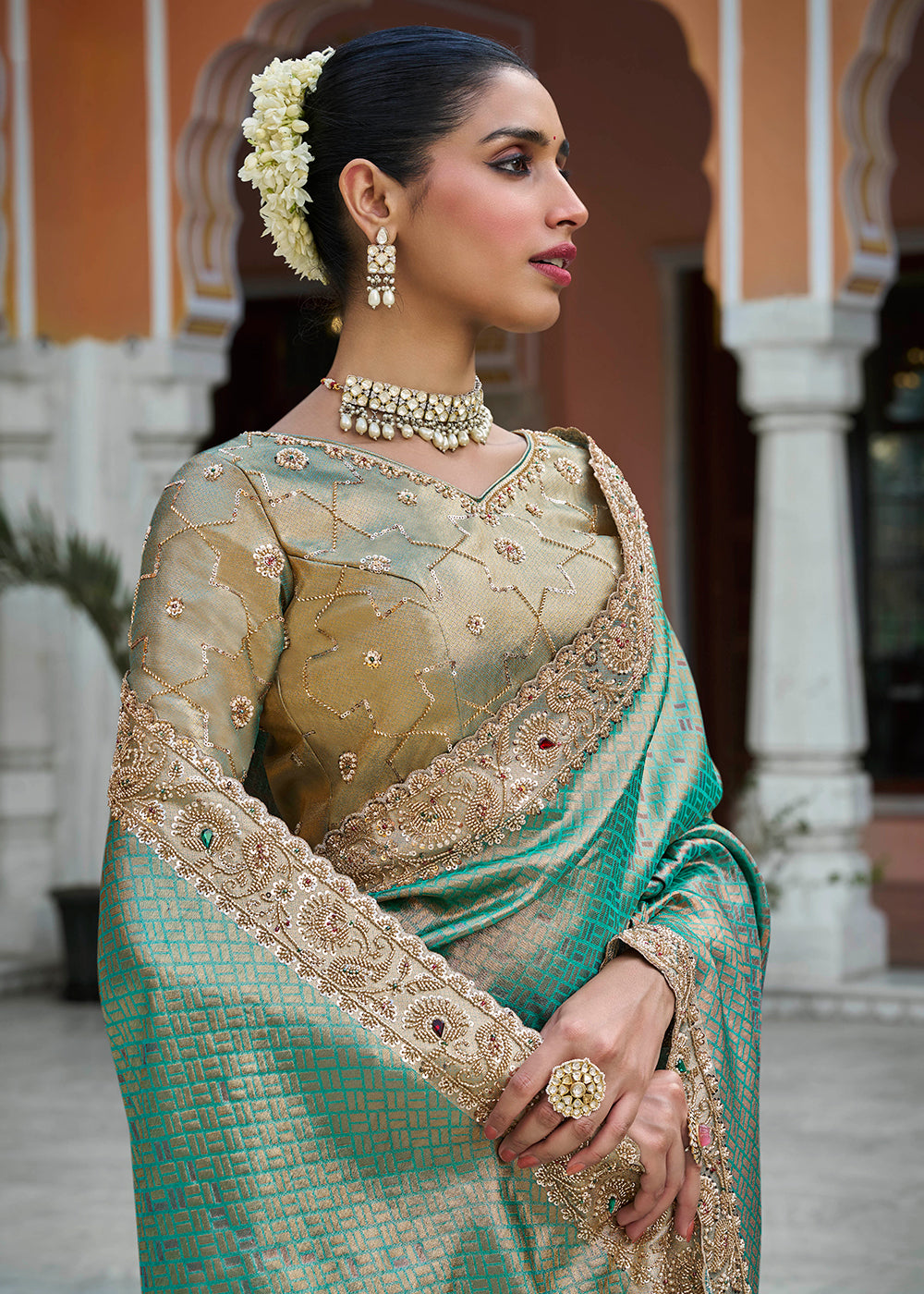 Buy Now Premium Teal Kanjivaram Soft Silk Wedding Wear Saree Online in US, UK, Canada, France, Germany, Denmark, Sweden, Austria, UAE & Worldwide at Empress.