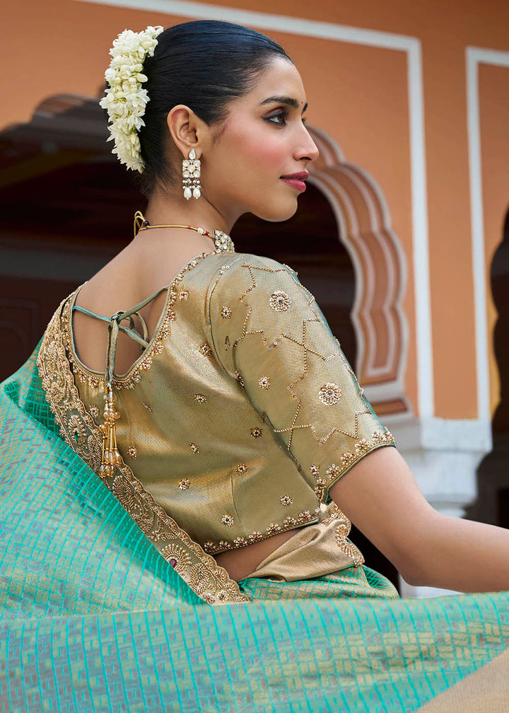 Buy Now Premium Teal Kanjivaram Soft Silk Wedding Wear Saree Online in US, UK, Canada, France, Germany, Denmark, Sweden, Austria, UAE &amp; Worldwide at Empress.