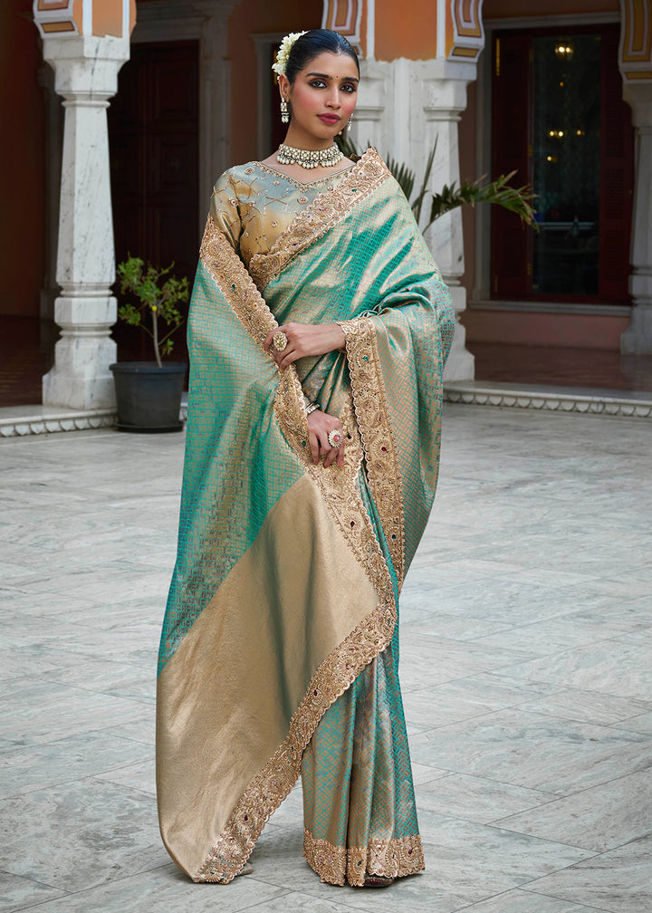 Buy Now Premium Teal Kanjivaram Soft Silk Wedding Wear Saree Online in US, UK, Canada, France, Germany, Denmark, Sweden, Austria, UAE &amp; Worldwide at Empress.