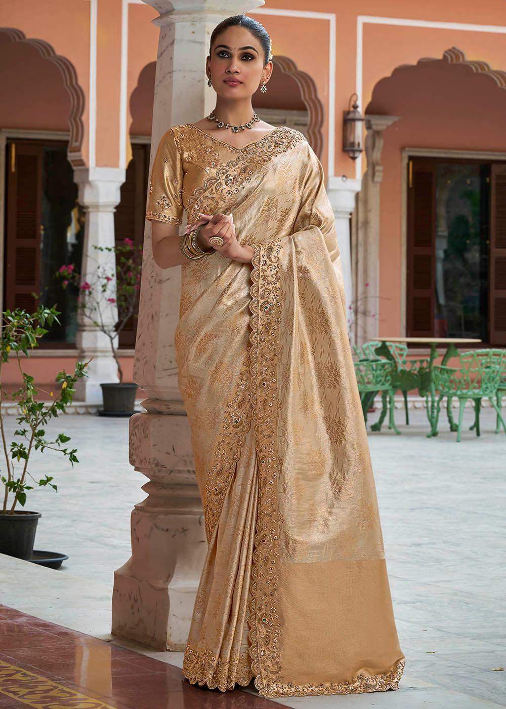 Buy Now Golden Kanjivaram Soft Silk Wedding Wear Saree Online in US, UK, Canada, France, Germany, Denmark, Sweden, Austria, Australia, UAE & Worldwide at Empress.