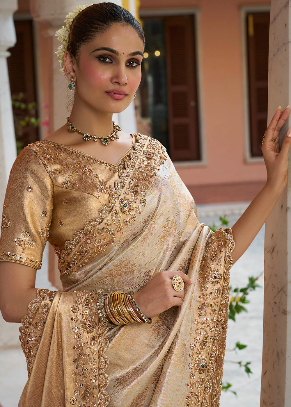 Buy Now Golden Kanjivaram Soft Silk Wedding Wear Saree Online in US, UK, Canada, France, Germany, Denmark, Sweden, Austria, Australia, UAE & Worldwide at Empress.