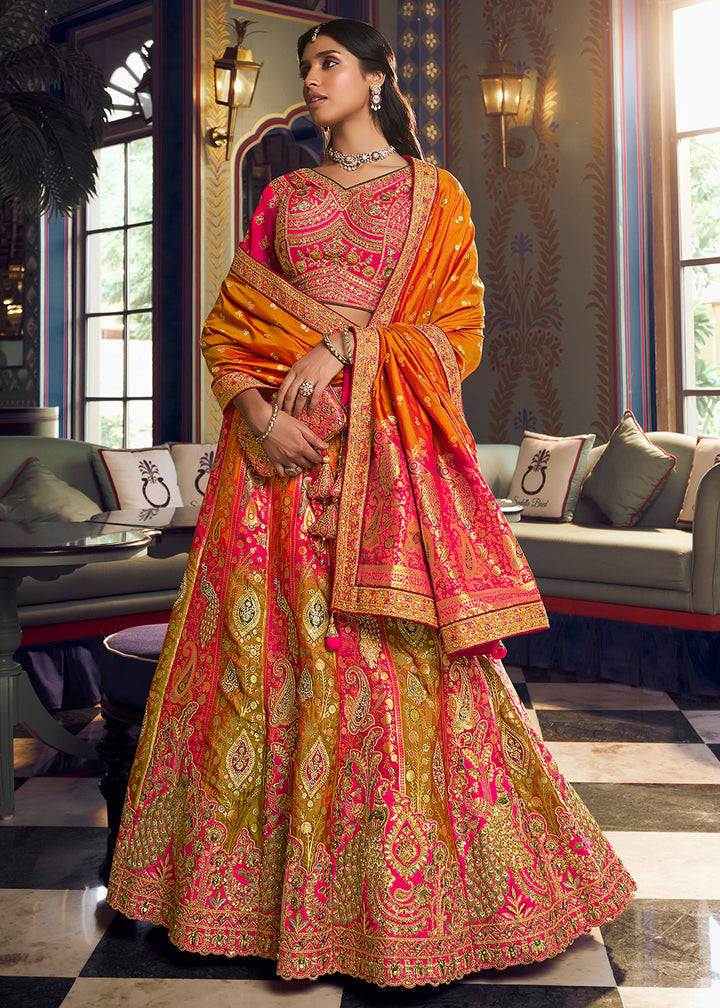 Buy Now Traditional Pink &amp; Mustard Banarasi Silk Bridal Lehenga Choli Online in US, UK, Canada, France, Italy, Germany, Sweden, Austria &amp; Worldwide at Empress.