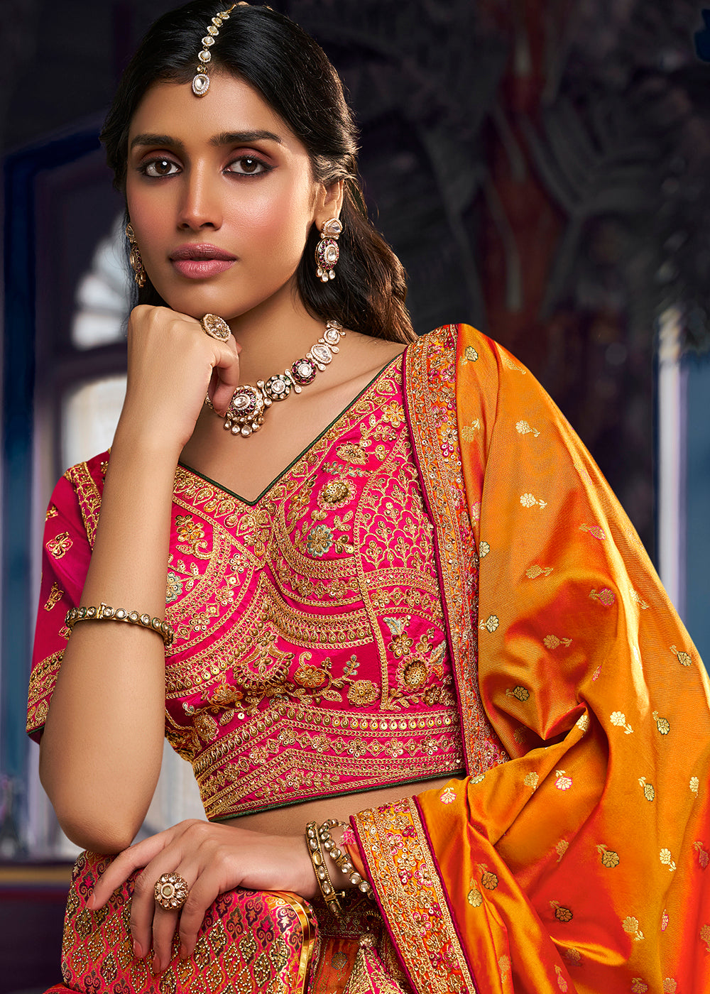 Buy Now Traditional Pink & Mustard Banarasi Silk Bridal Lehenga Choli Online in US, UK, Canada, France, Italy, Germany, Sweden, Austria & Worldwide at Empress.