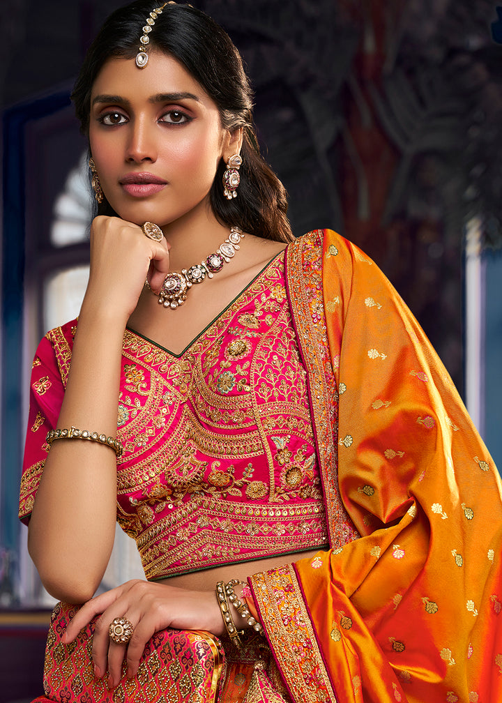 Buy Now Traditional Pink &amp; Mustard Banarasi Silk Bridal Lehenga Choli Online in US, UK, Canada, France, Italy, Germany, Sweden, Austria &amp; Worldwide at Empress.