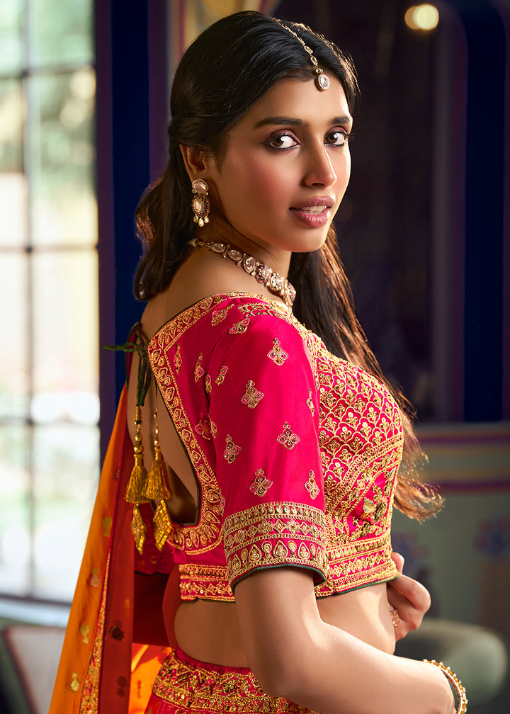 Buy Now Traditional Pink &amp; Mustard Banarasi Silk Bridal Lehenga Choli Online in US, UK, Canada, France, Italy, Germany, Sweden, Austria &amp; Worldwide at Empress.