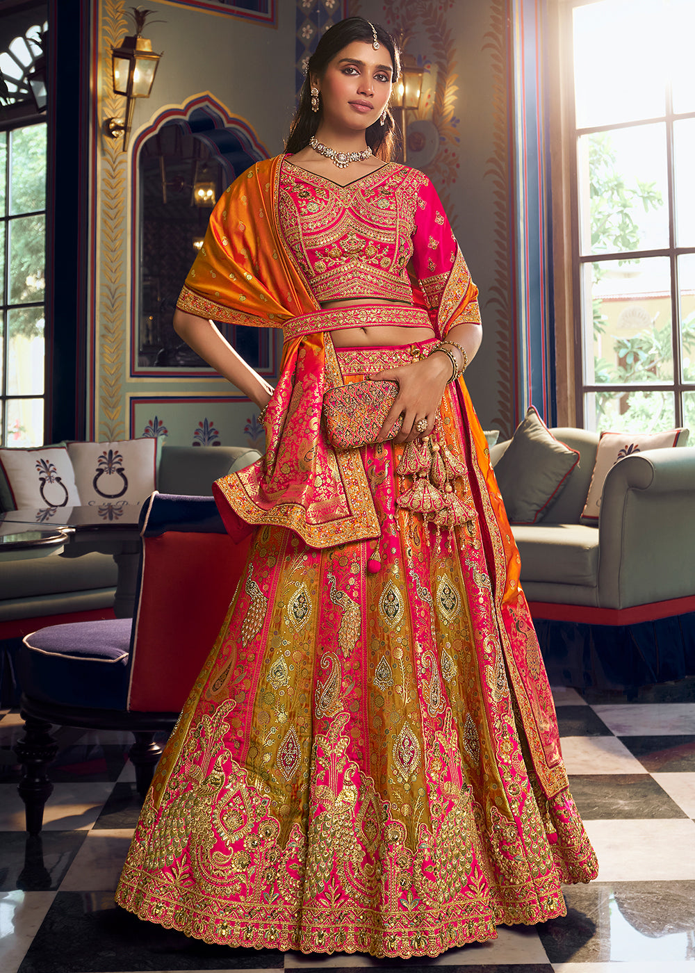 Buy Now Traditional Pink &amp; Mustard Banarasi Silk Bridal Lehenga Choli Online in US, UK, Canada, France, Italy, Germany, Sweden, Austria &amp; Worldwide at Empress.