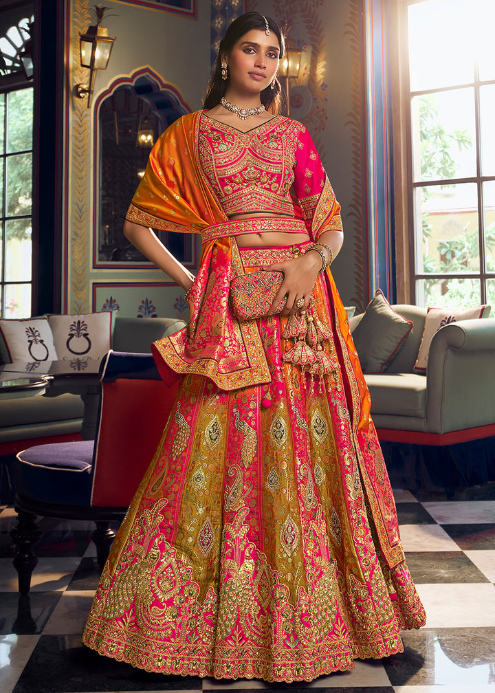 Buy Now Traditional Pink &amp; Mustard Banarasi Silk Bridal Lehenga Choli Online in US, UK, Canada, France, Italy, Germany, Sweden, Austria &amp; Worldwide at Empress.