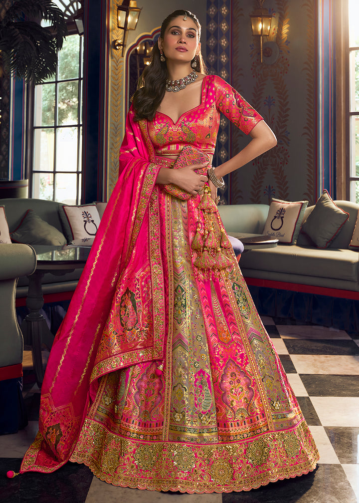 Buy Now Traditional Pink &amp; Grey Banarasi Silk Bridal Lehenga Choli Online in US, UK, Canada, France, Italy, Germany, Sweden, Austria &amp; Worldwide at Empress.