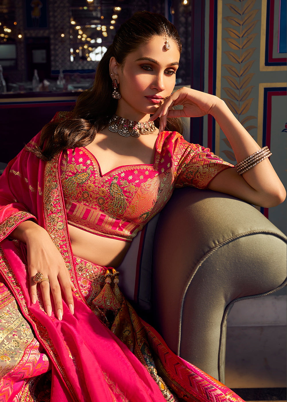 Buy Now Traditional Pink & Grey Banarasi Silk Bridal Lehenga Choli Online in US, UK, Canada, France, Italy, Germany, Sweden, Austria & Worldwide at Empress.
