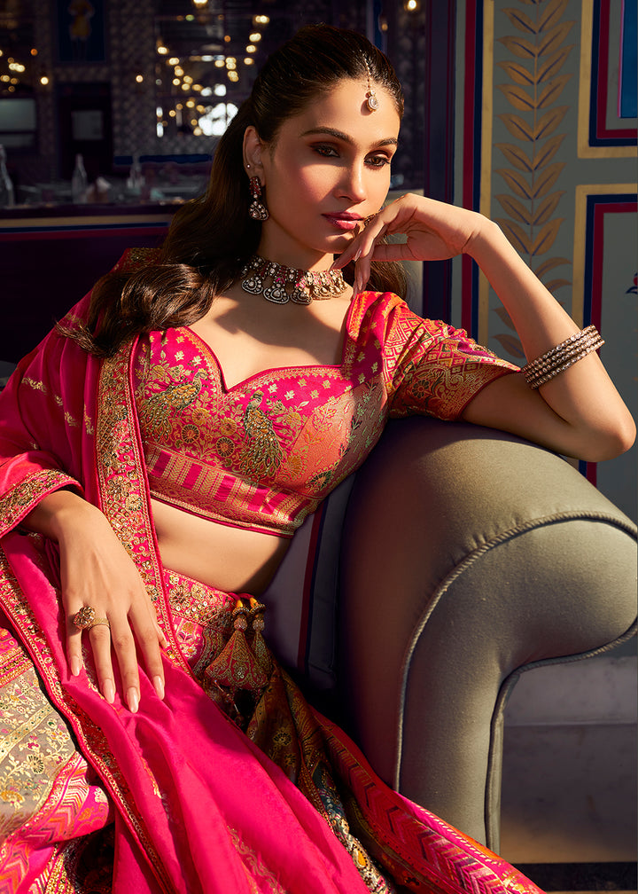 Buy Now Traditional Pink &amp; Grey Banarasi Silk Bridal Lehenga Choli Online in US, UK, Canada, France, Italy, Germany, Sweden, Austria &amp; Worldwide at Empress.