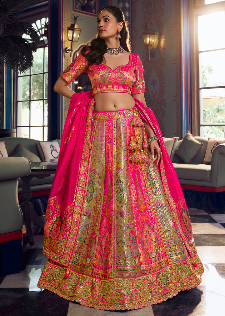 Buy Now Traditional Pink &amp; Grey Banarasi Silk Bridal Lehenga Choli Online in US, UK, Canada, France, Italy, Germany, Sweden, Austria &amp; Worldwide at Empress.