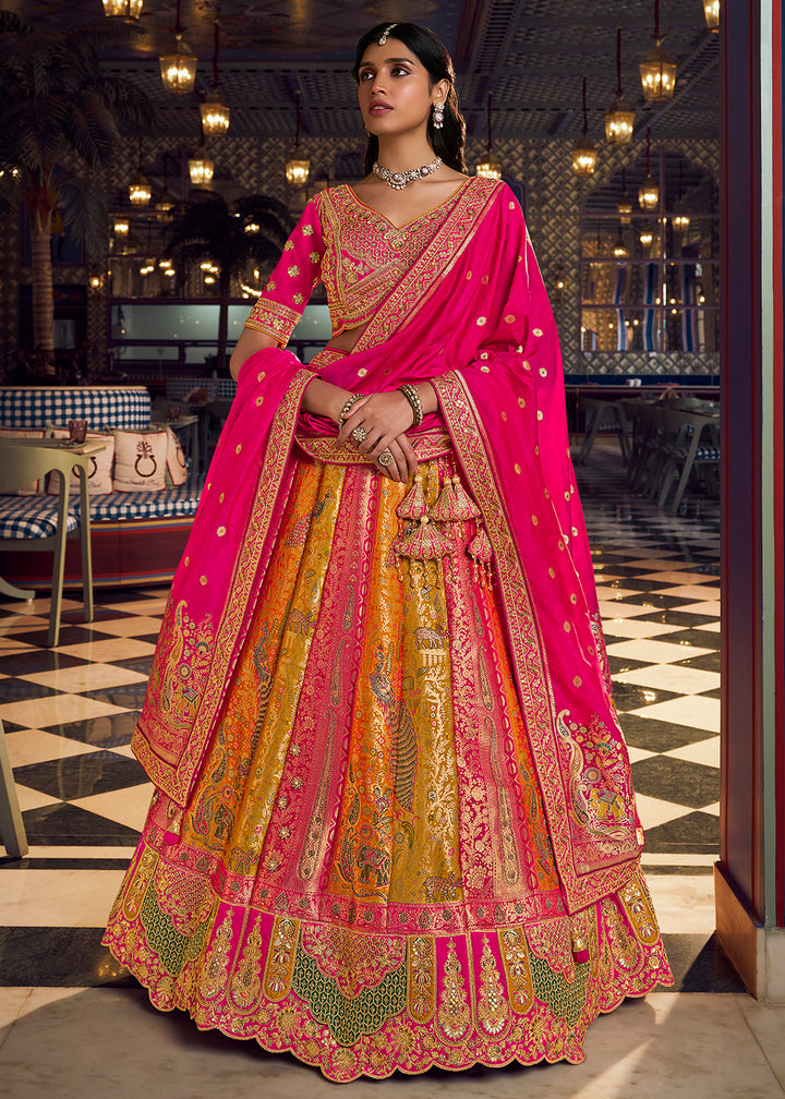Buy Now Traditional Pink &amp; Yellow Banarasi Silk Bridal Lehenga Choli Online in US, UK, Canada, France, Italy, Germany, Sweden, Austria &amp; Worldwide at Empress.