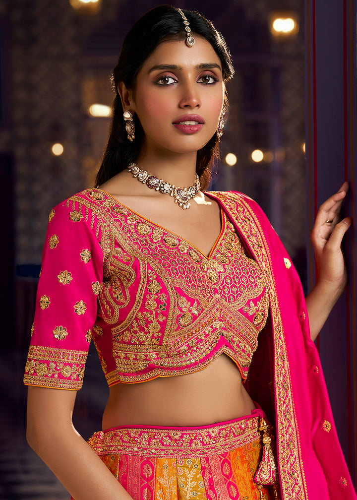 Buy Now Traditional Pink &amp; Yellow Banarasi Silk Bridal Lehenga Choli Online in US, UK, Canada, France, Italy, Germany, Sweden, Austria &amp; Worldwide at Empress.